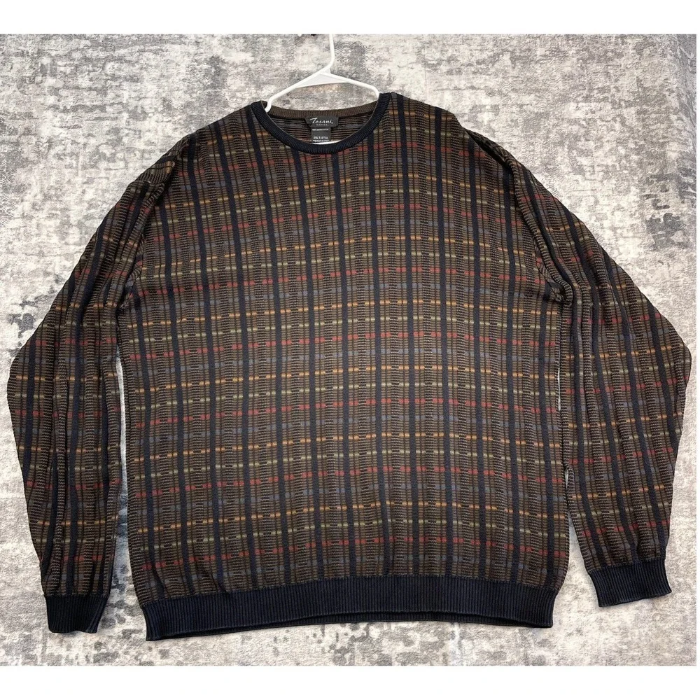 Vtg Tosani Canada 3D Knit Sweater Men 2XL Brown Geometric Cosby NWOT Grandpacore